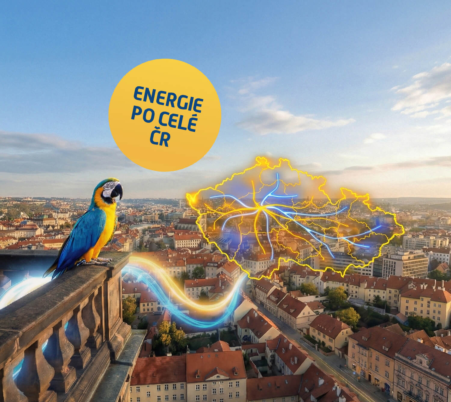 Papoušek sedící na zábradlí nad městem.