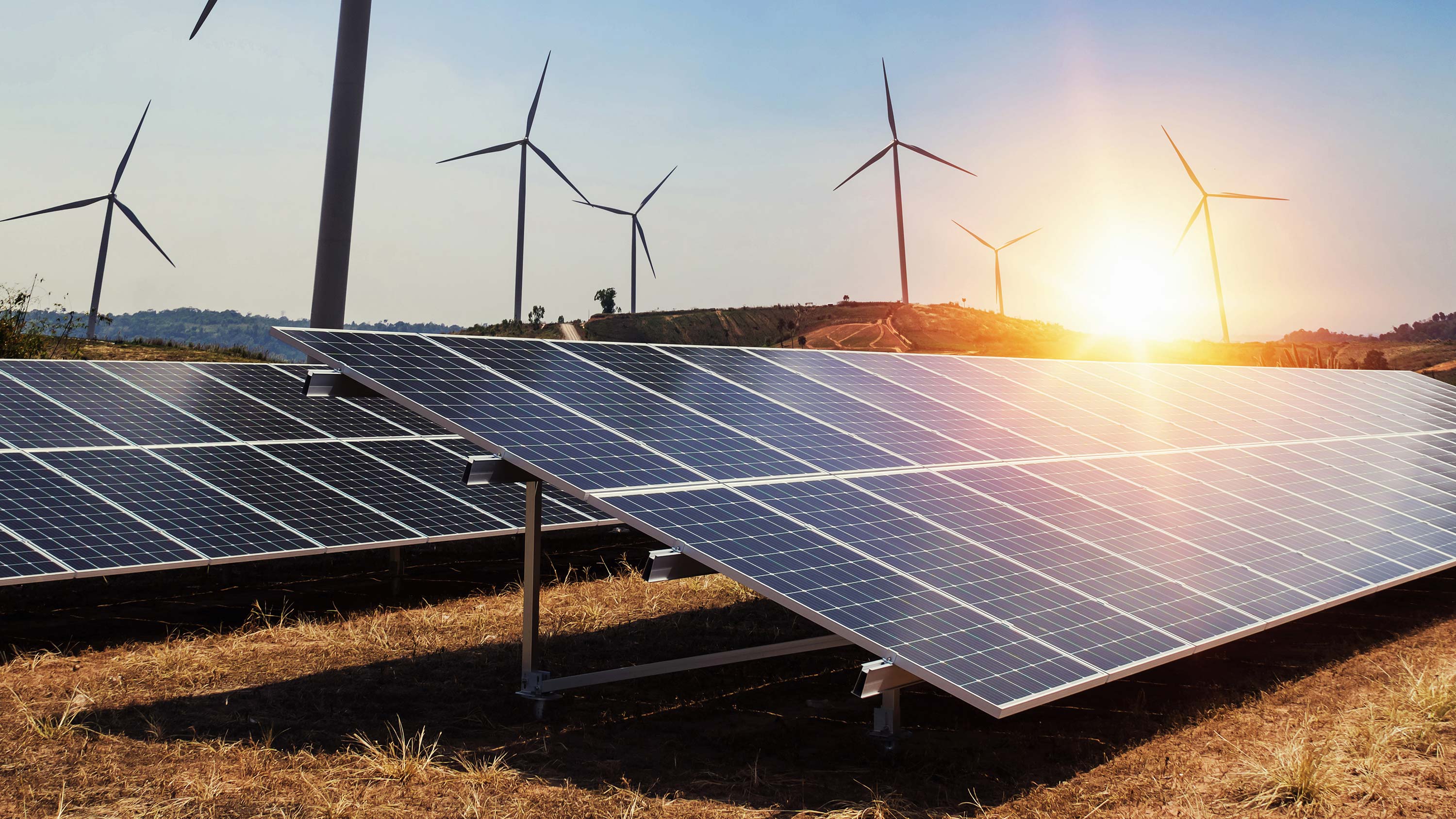 Fotovoltaika na louce s pozadím větrných elektráren