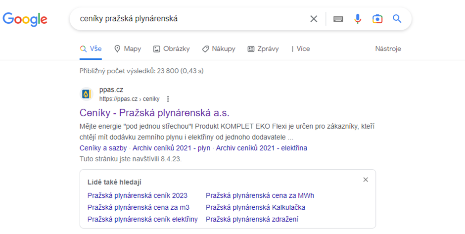 Příklad vyhledávání ceníku na Googlu.