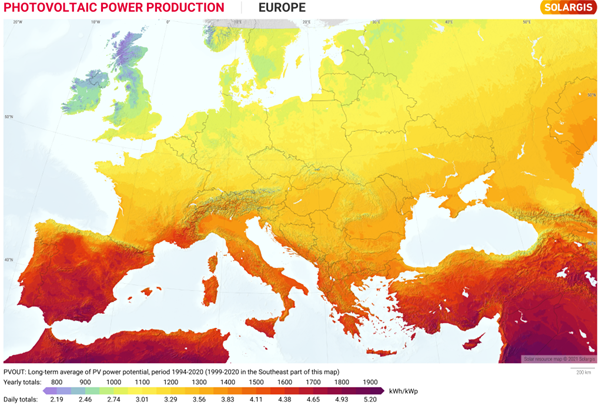 mapa slunečního svitu v Evropě